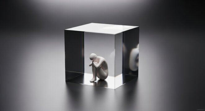 A small, abstract human figure sits huddled inside a transparent cube, symbolizing confinement, loneliness, and the feeling of being trapped within ones own space