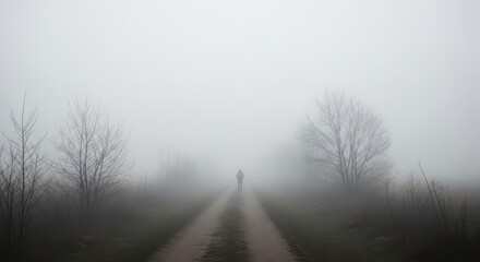 Obraz premium A lone figure walks down a dirt path disappearing into thick, ethereal fog, with silhouetted trees on either side, creating a mysterious and atmospheric scene