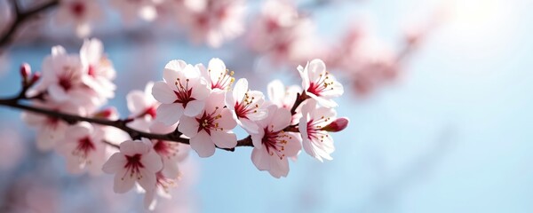 Obraz premium Pink blossoms on tree branch against bright blue sky. Delicate flowers bloom in early spring, showing new life, growth. Fresh petals open in peaceful garden orchard, bringing seasonal beauty, warmth.