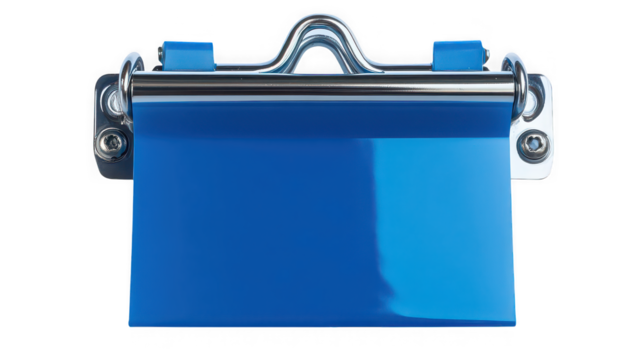 A close up of a blue object with a metal handle and screws against a black background studio shot