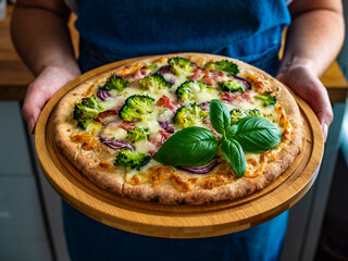 Woman holding board with pizza with bacon, broccoli and red onion, close-up	
