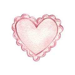 Watercolor pink heart isolated on a white background. Cute illustration for Valentine's Day design. Pink heart with ruffles.