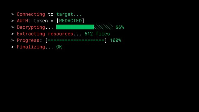 Mockup Hacker Terminal Screen with Cyber Attack Simulation terminal command. - ASCII progress bar