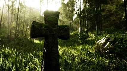 A moss covered cross rises from vibrant green grass in a tranquil forest. Sunlight filters through trees, creating a mystical atmosphere filled with natures sounds and scents.