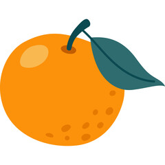 A single orange fruit with a green leaf and stem against a transparent background with subtle textured details and bright orange color and warm lighting.