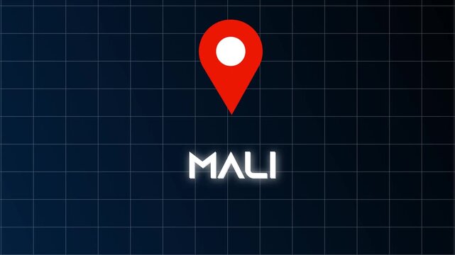 Mali Country Name Appearing with Glowing Fade In Animation and Flicker Text beside Location Icon on Blue Black Background.
