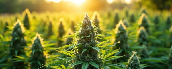 Cannabis field plants at golden sunset. Beautiful green plants at light. Natural organic farm, cultivation. Cannabis buds, summer harvest, nature scene, agriculture.