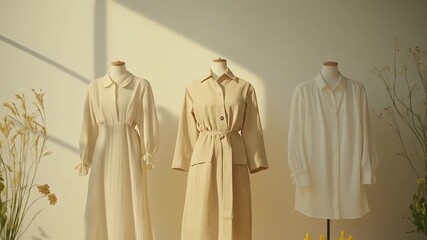Three mannequins display light-colored dresses and a coat, adorned with dried flowers