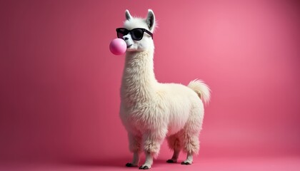 White llama wears black sunglasses. Blows pink bubblegum bubble. Animal stands on vibrant fuchsia backdrop. Humorous creature seems cool, playful, showing trendy personality. Studio shot of cute