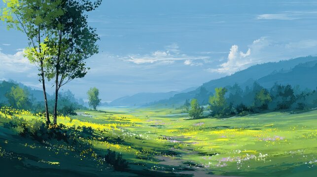 Idyllic Landscape of Serenity: A panoramic view of an enchanting landscape unfolds, showcasing rolling hills, a lush green meadow, and trees under a clear blue sky.