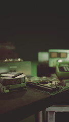 Old circuit boards and various electronic components are spread out on a dark table. Soft green lighting enhances the nostalgic atmosphere, capturing the essence of technologys evolution.