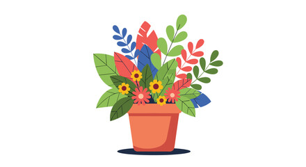 A vibrant collection of colorful flowers and diverse foliage in an orange terracotta pot, depicted in a charming flat illustration style.