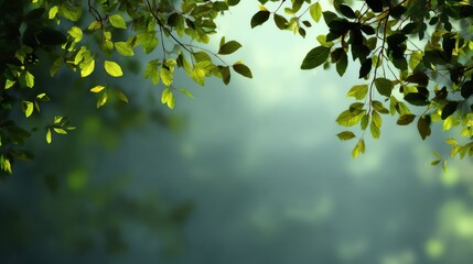Obraz premium Branches and Leaves in Misty Woodland: The image portrays a tranquil, close-up view of delicate leaves and branches set against a hazy background, invoking a serene atmosphere.