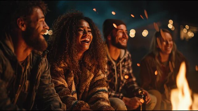 Authentic Joy: Diverse Friends Laughing Around a Warm Campfire at Night