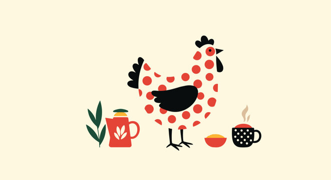 Stylized minimalist illustration featuring a cheerful spotted hen, a hot drink, and breakfast elements, presented on a soft, light background.