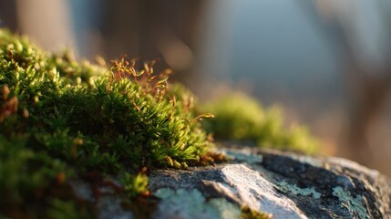 Obraz premium Textured Harmony: A close-up showcases the intricate textures and earthy tones of moss and lichen on a weathered stone, basking in the soft glow of natural light.