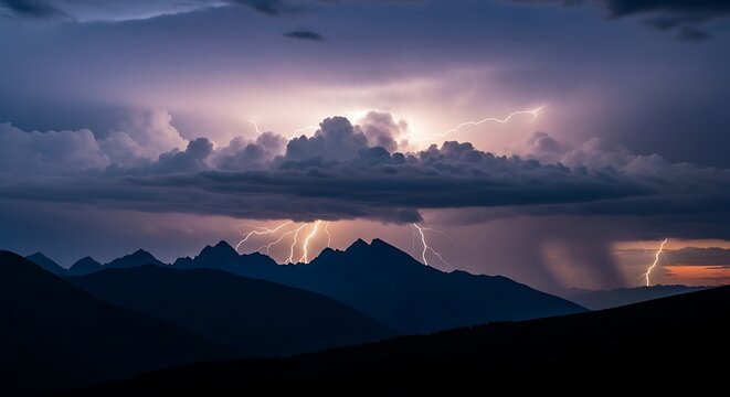 Dramatic Lightning Storm Over Mountain Range at Dusk.