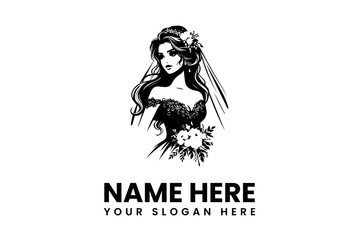 Beautiful bride in a wedding dress and veil holding a floral bouquet. A classic female portrait illustration for a logo design template