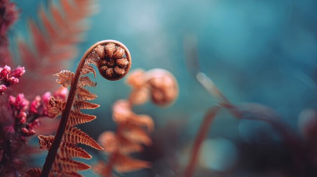 Fiddlehead Fern's Unveiling: The delicate spiral of a fiddlehead fern unfolds gracefully in a close-up photograph, presenting an elegant portrayal of natural beauty, with blurred artistic background. - Powered by Adobe