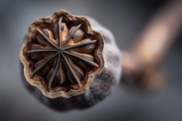 A top view of an opium poppy seed pod cross-section, revealing symmetrical seeds and intricate textures for botanical science, educational materials, and nature-themed design projects.