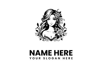 Elegant monochrome illustration of a woman with flowing hair and intricate roses, embodying grace, natural beauty, and refined style, perfect for sophisticated branding