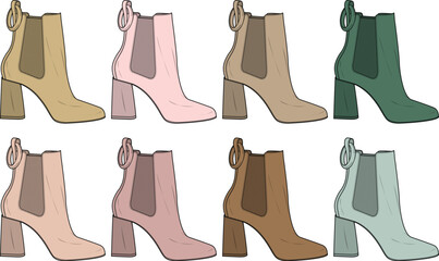 Collection of stylish ankle boots in various pastel and earthy tones with block heels