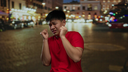 Young man in red shirt expressing fear on a busy city street with bokeh lights at night.