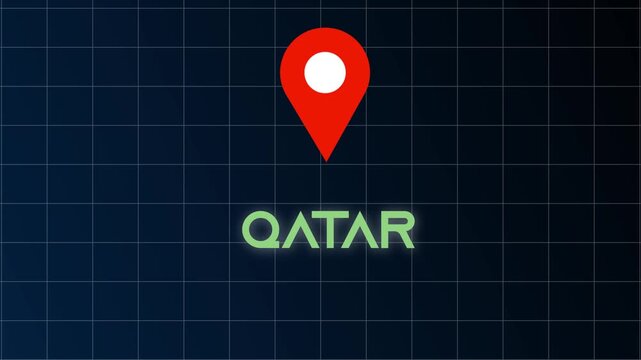 Qatar Country Name Glowing Text Animation with Location Pin on Black Background for Modern Geographic Display and Digital Mapping Visualization.