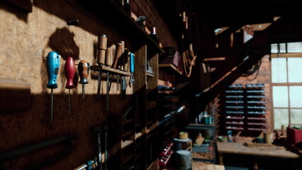 Obraz premium In a warmly lit workshop, tools hang neatly on a wall, casting shadows. The rustic atmosphere showcases craftsmanship and organization, inviting creativity and hard work.