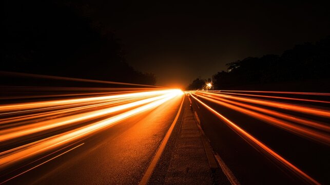 Streaks of orange and white light trace a highway at night showing vehicle movement
