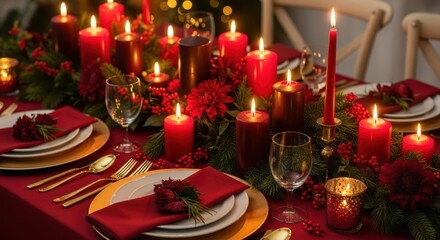 Festive table setting with lit candles: A captivating table setting, adorned with a multitude of glowing red candles, creating a warm, inviting ambiance for a special occasion.