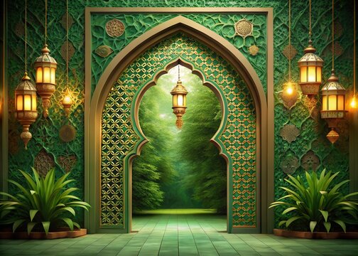 A majestic green archway with intricate golden carvings and hanging lanterns in a serene Islamic garden setting