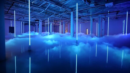 A large room illuminated by blue neon tubes, with a layer of fog reflecting the lights - Powered by Adobe