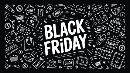 Black Friday Sale Hand Drawn Doodle Icons Border Black Background Keywords: black friday, sale