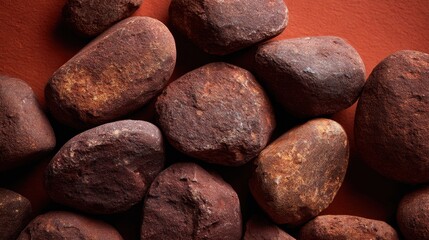 Smooth reddish brown rounded river stones scattered across a textured terracotta surface