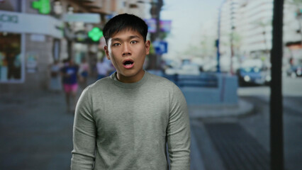 Fototapeta premium Young man with surprised expression standing on a bustling city street during daytime, reflecting urban life and vibrant surroundings.