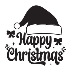 Festive Happy Christmas Greeting with Santa Hat and Decorative Elements for Holiday Season Celebrations and Winter Decor Projects in Black and White