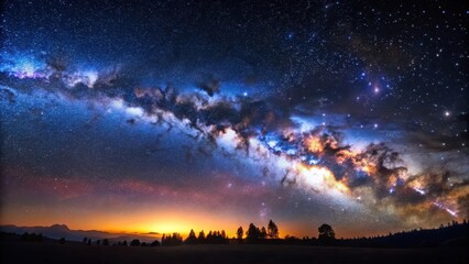 A stunning panoramic image of a dark night sky with a bright Milky Way and numerous stars on a clear blue background