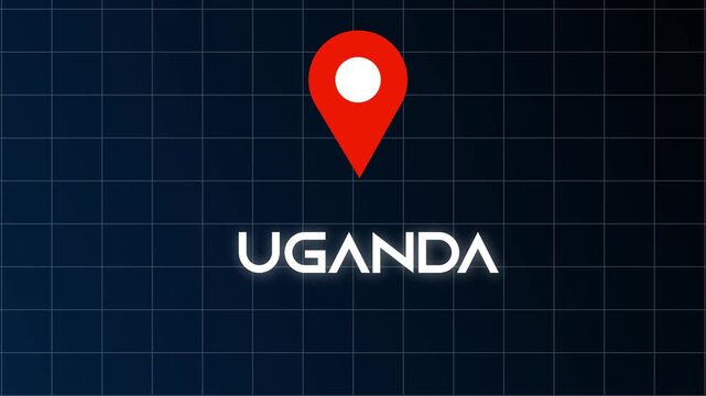 Realistic Uganda Country Location Animation with Flicker Text Effect in Blue and Black Background for World Map Motion Graphic and Digital Geography Visualization.