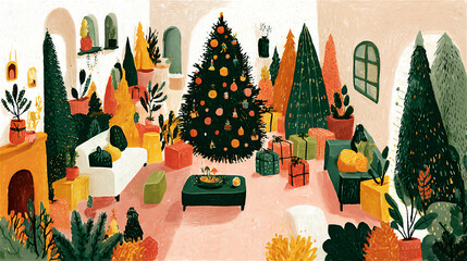 クリスマスの装飾が施された居間のイラスト