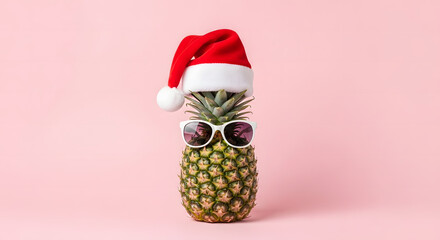 Festive pineapple wearing santa hat and sunglasses on a pink background