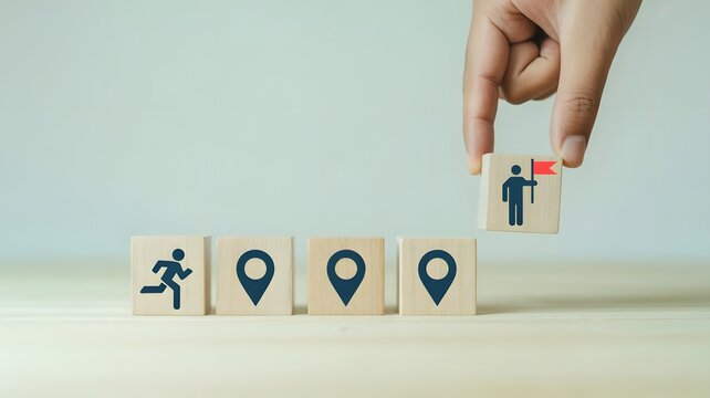 Business Goal Achievement Concept with Wooden Blocks and Success Flag Icon on Beige Background