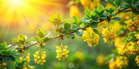 Vibrant Berberine flowers blooming in a lush green meadow with sunlight filtering through leaves