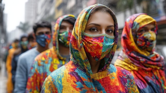 Colorful gathering of masked individuals in vibrant attire during a street event in a busy city