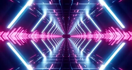 Endless futuristic tunnel with neon lights and geometric patterns, abstract background - Powered by Adobe