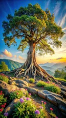 Majestic tree roots sprawling across a rocky terrain