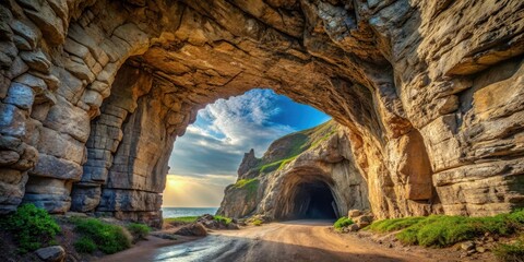 Entrance to a Natural Rock Cave with Arch Tunnel Background