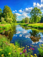 Serene wetland landscape with lush vegetation and tranquil waters on a clear summer day
