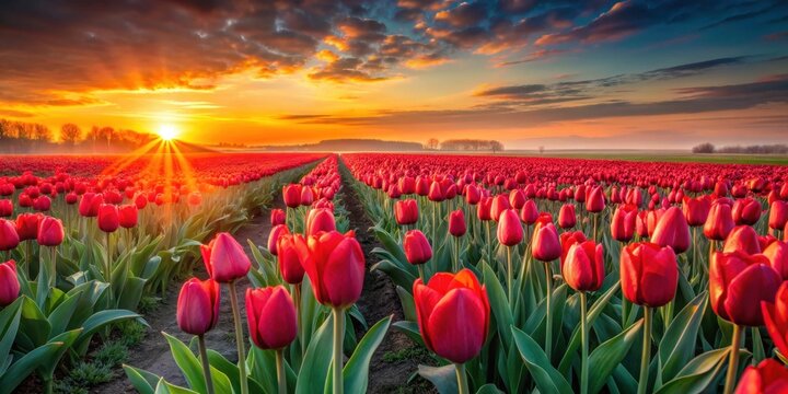 Sun rise over a field of vibrant red tulips with a serene and peaceful atmosphere