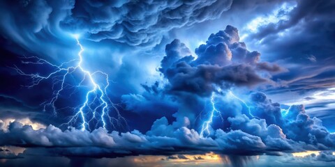 Dramatic Blue Sky with Stormy Clouds and Lightning Background